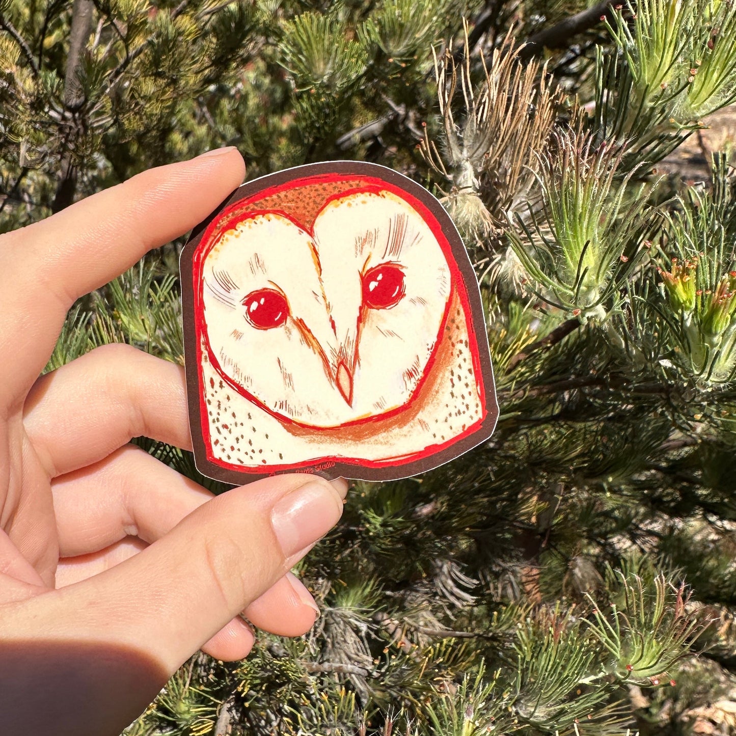 Hand holding a sticker with an owl design in front of a pine tree