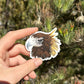 Hand holding a sticker of an eagle against a natural background with trees.
